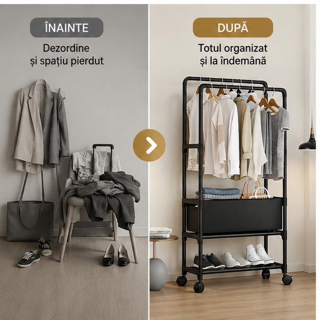 Suport 3 in 1, Spatiu pentru Depozitare, Cuier, Suport Incaltaminte, pe Cot/ 60x28x154 cm