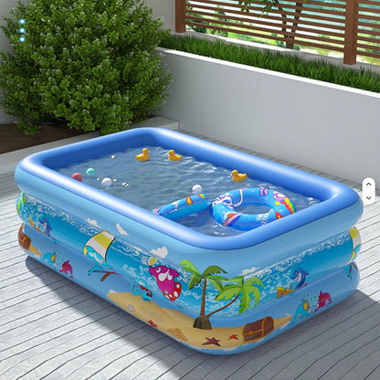 Piscina gonflabila copii, model dreptunghiular, multicolora, baza podea moale, 3 inele, intalare rapida din vinil. DIM 260x165x54