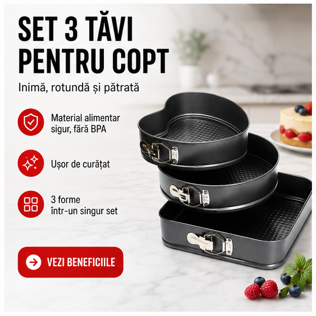 Set 3 Tavi pentru Copt, Forma Inima/rotunda/patrata Cm 24/26/28