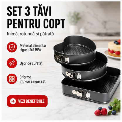 Set 3 Tavi pentru Copt, Forma Inima/rotunda/patrata Cm 24/26/28