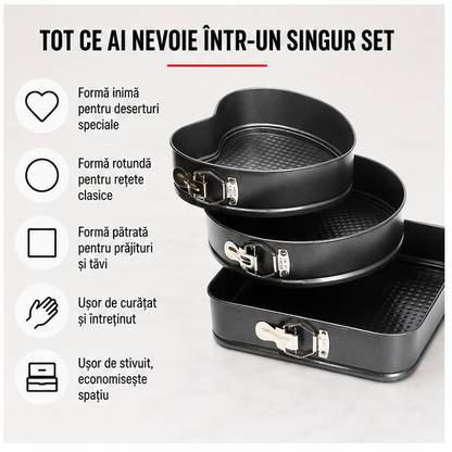 Set 3 Tavi pentru Copt, Forma Inima/rotunda/patrata Cm 24/26/28