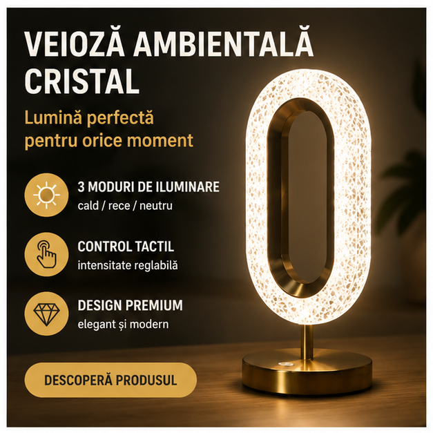 Veioza Ambientala Cristal, 3 Moduri Iluminare Cald/rece/neutru, Intensitate Reglabila Tactil