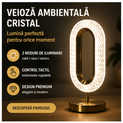Veioza Ambientala Cristal, 3 Moduri Iluminare Cald/rece/neutru, Intensitate Reglabila Tactil