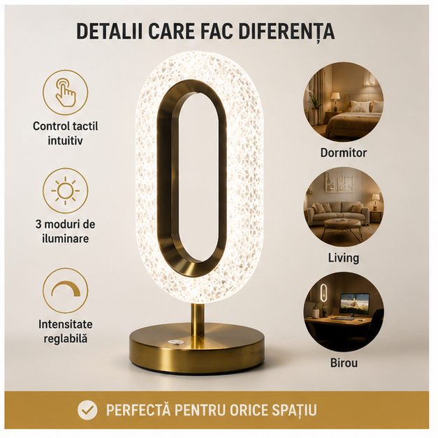 Veioza Ambientala Cristal, 3 Moduri Iluminare Cald/rece/neutru, Intensitate Reglabila Tactil