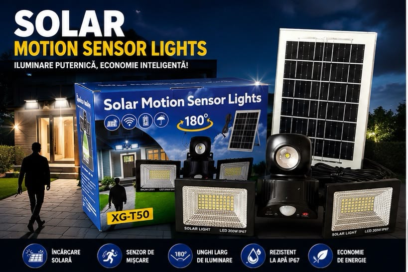 XG-T50 Proiector solar LED dublu impermeabil, cu senzor de miscare, telecomanda si rotire 180 grade