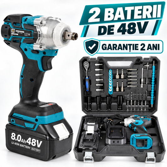 Cheie de impact OKBOONS 48V, 2 acumulatori, 43 accesorii
