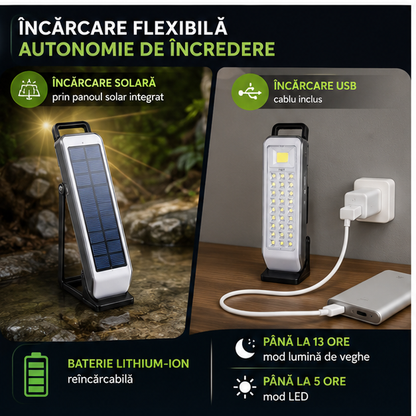 Lampa solara camping, cu suport, incarcare USB