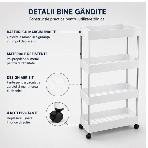 Support cuier Carucior organizator Etajera slim portabil cu 4 rafturi, alb pentru baie si bucatarie cu roti