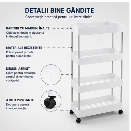 Support cuier Carucior organizator Etajera slim portabil cu 4 rafturi, alb pentru baie si bucatarie cu roti
