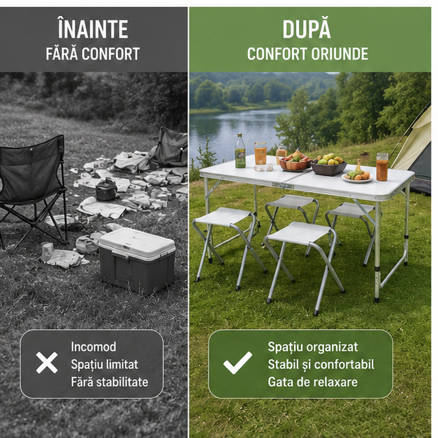 Set masă camping pliabilă cu 4 scaune jrh aluminiu ușor, reglabil pe înălțime, portabil pentru picnic, grătar, excursii, pescuit 120×60 cm
