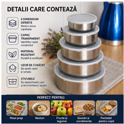 Set 5 Caserole Metalice cu Capac Transparent - Depozitare Alimentara Profesionala