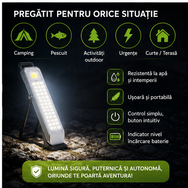 Lampa solara camping, cu suport, incarcare USB