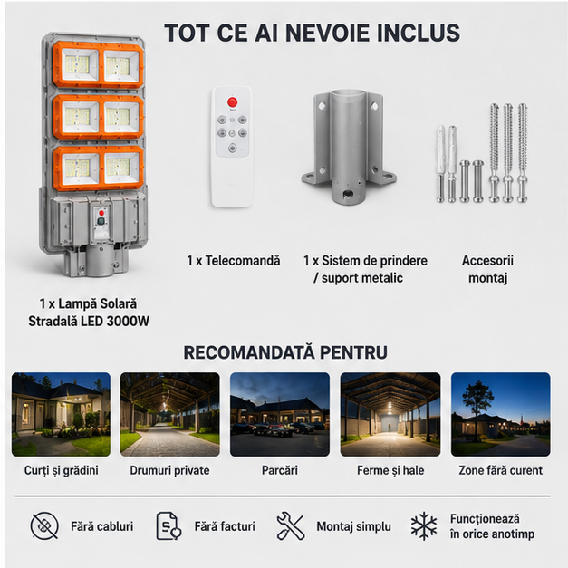 Lampă Solară Stradală PREMIUM LED 3000W – IP66, Super Puternică