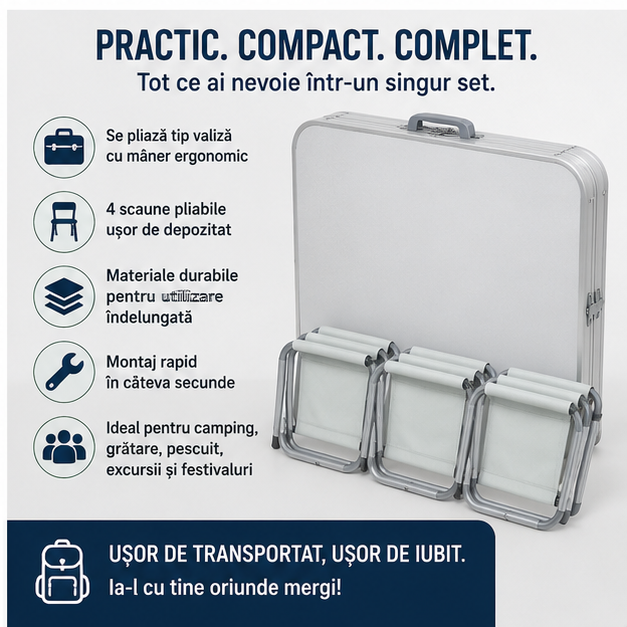 Set masă camping pliabilă cu 4 scaune jrh aluminiu ușor, reglabil pe înălțime, portabil pentru picnic, grătar, excursii, pescuit 120×60 cm