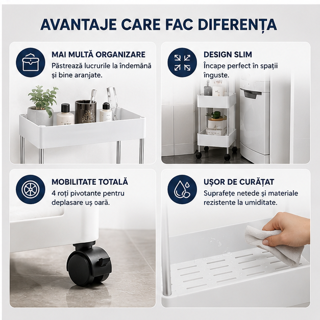 Support cuier Carucior organizator Etajera slim portabil cu 4 rafturi, alb pentru baie si bucatarie cu roti