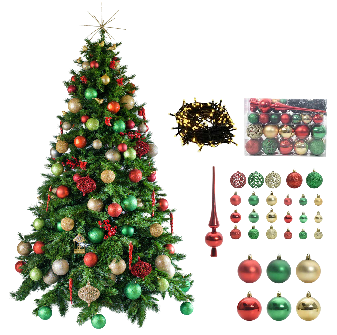 Pachet Complet Crăciun - Brad Artificial 180 cm + Set  de Decorațiuni Incluse