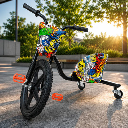 Tricicleta pentru drift, roti cu led, scaun tip cupa reglabil pedale antiderapante, capacitate max 80 kg, grafitti