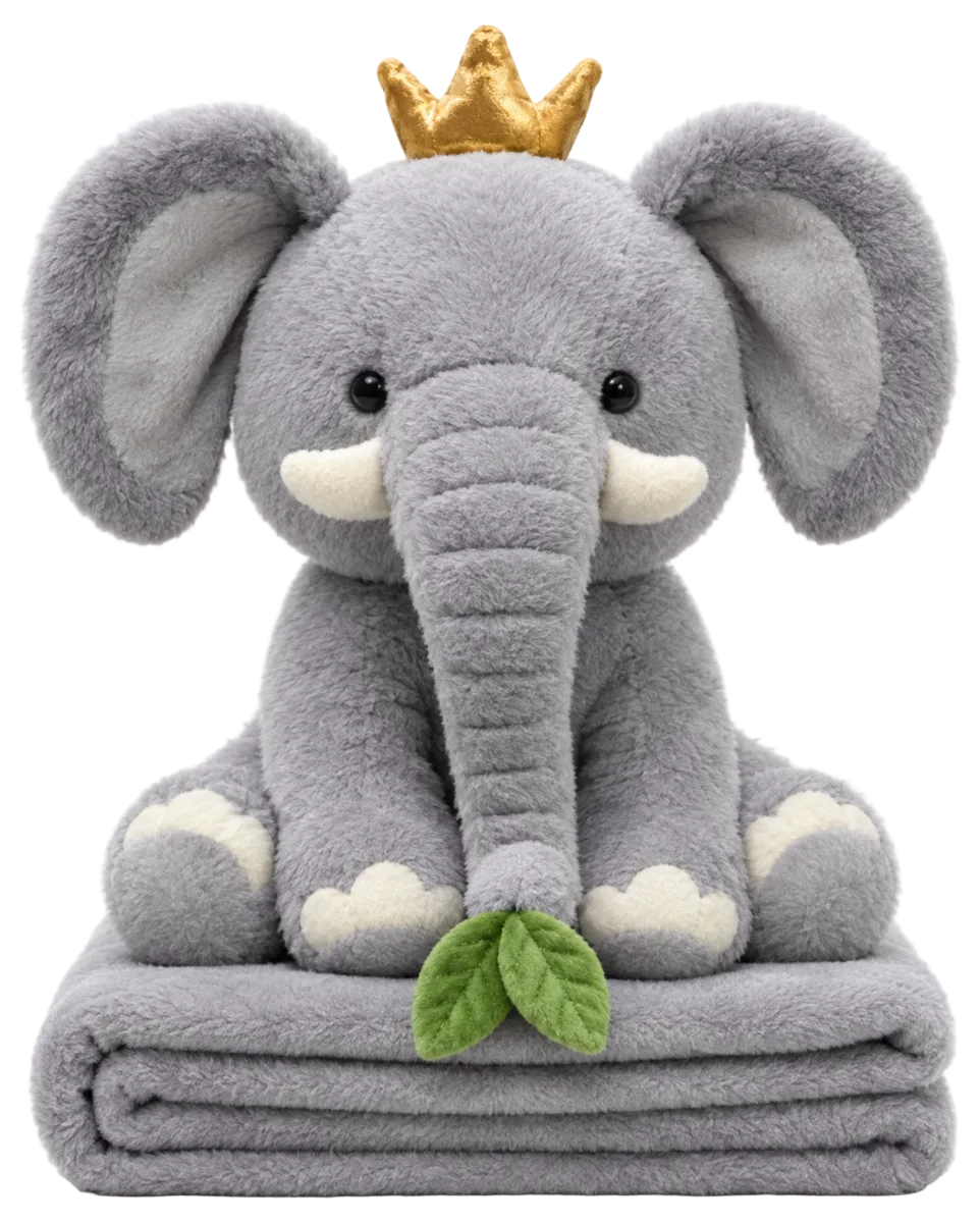 Elefant de pluș cu coroniță și păturică gri