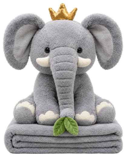 Elefant de pluș cu coroniță și păturică gri