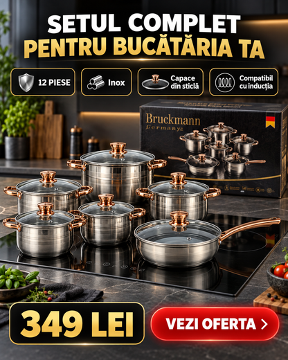 Set Oale și Tigăi 12 Piese din Inox, 5 Straturi, Capace din Sticlă și Mânere Aurii