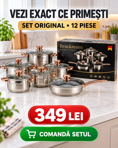 Set Oale și Tigăi 12 Piese din Inox, 5 Straturi, Capace din Sticlă și Mânere Aurii