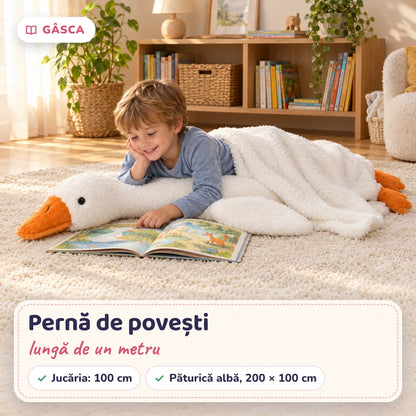 Copil cu jucăria Gâscă și păturica albă
