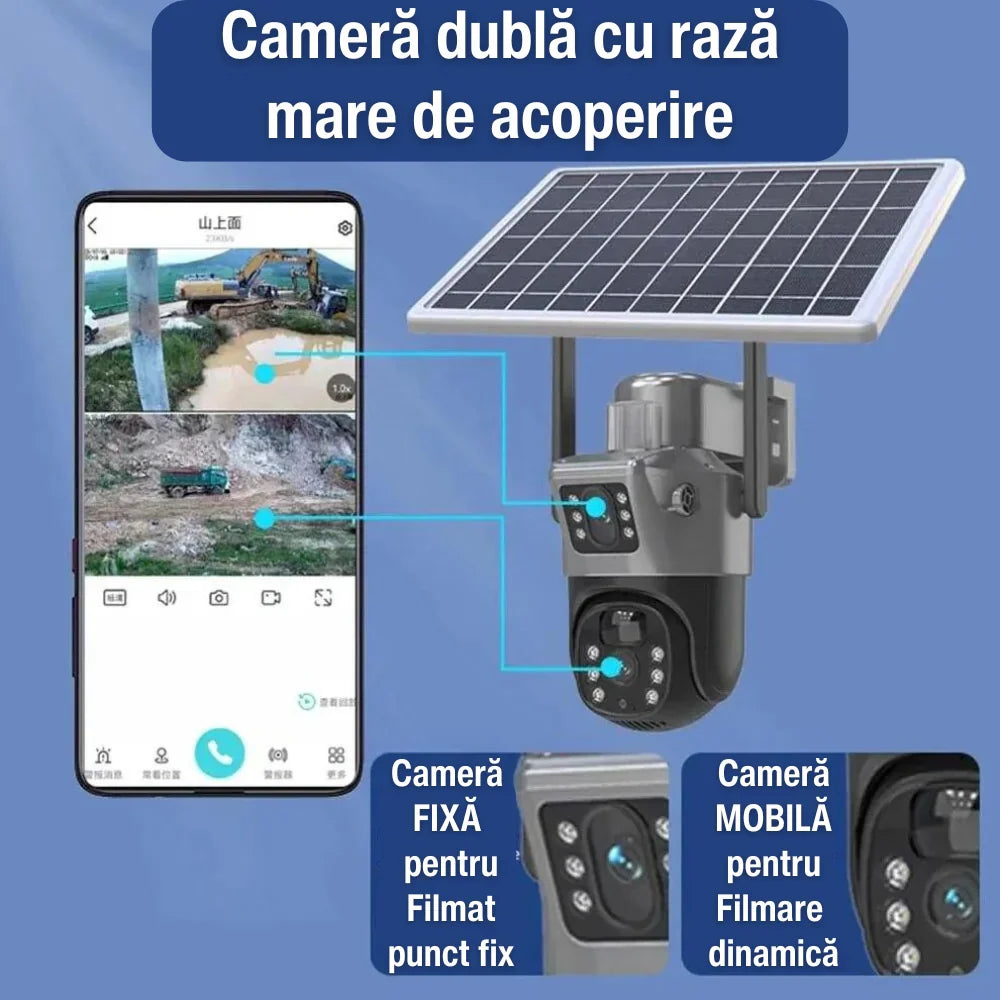 Camera Supraveghere 4G Dubla Cu Panou Solar + CARD 128 GB