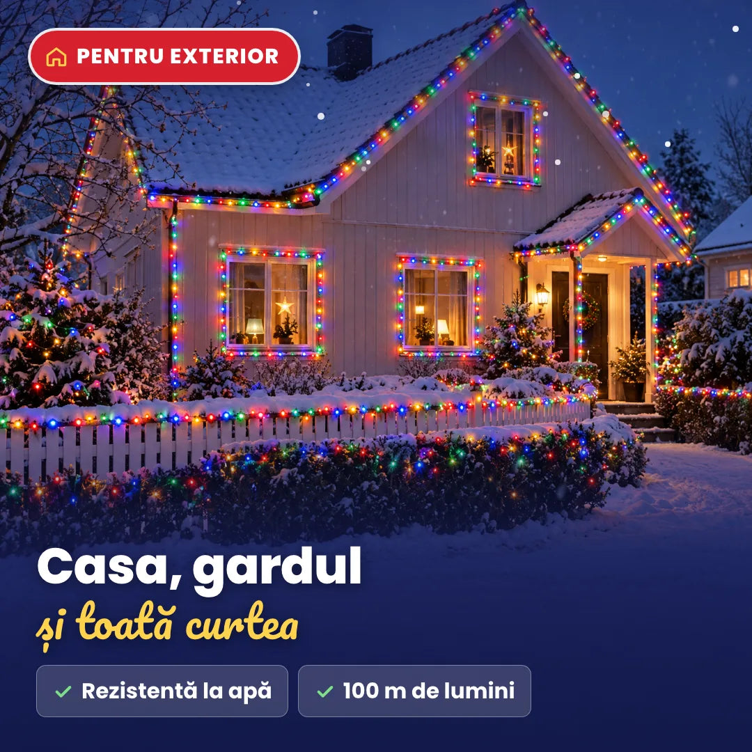 Casă, gard și curte decorate cu instalație LED multicolor