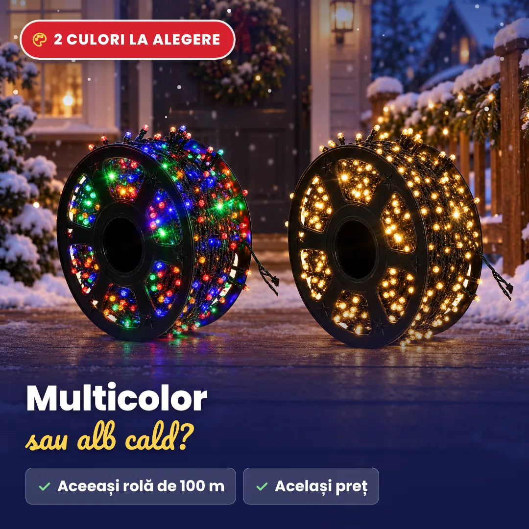 Instalație LED de 100 m, variante Multicolor și Alb cald