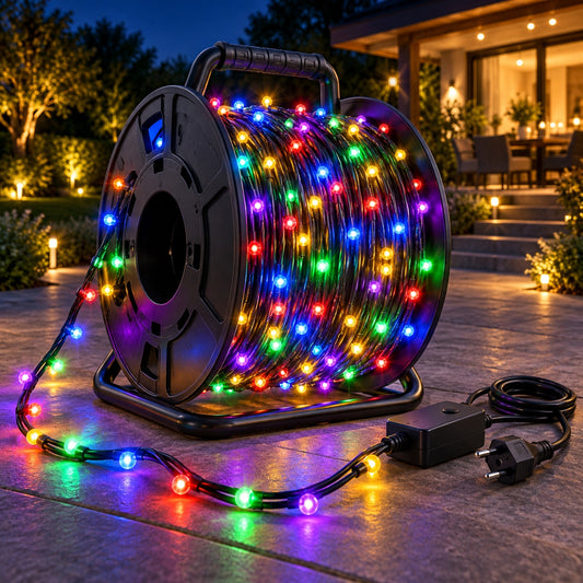Instalație LED exterior 100 m pe rolă – varianta Multicolor
