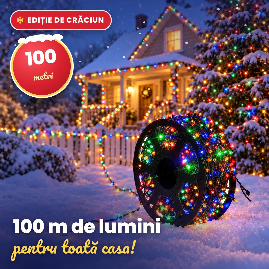 Instalație LED multicolor de 100 m pe rolă, pentru exterior