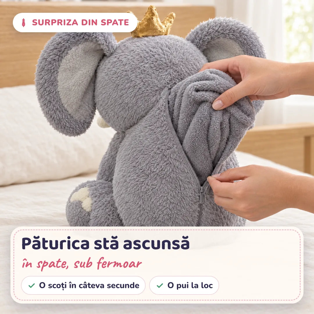 Păturica este depozitată în buzunarul cu fermoar al jucăriei