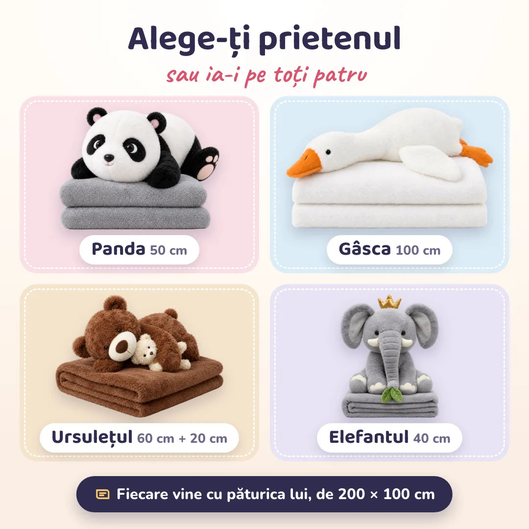 Panda, Gâscă, Ursuleț și Elefant – dimensiunile jucăriilor