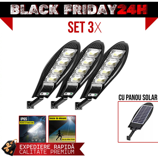 SET 3 x Lampa Stradala 1200W, Incarcare Solara, 55 CM