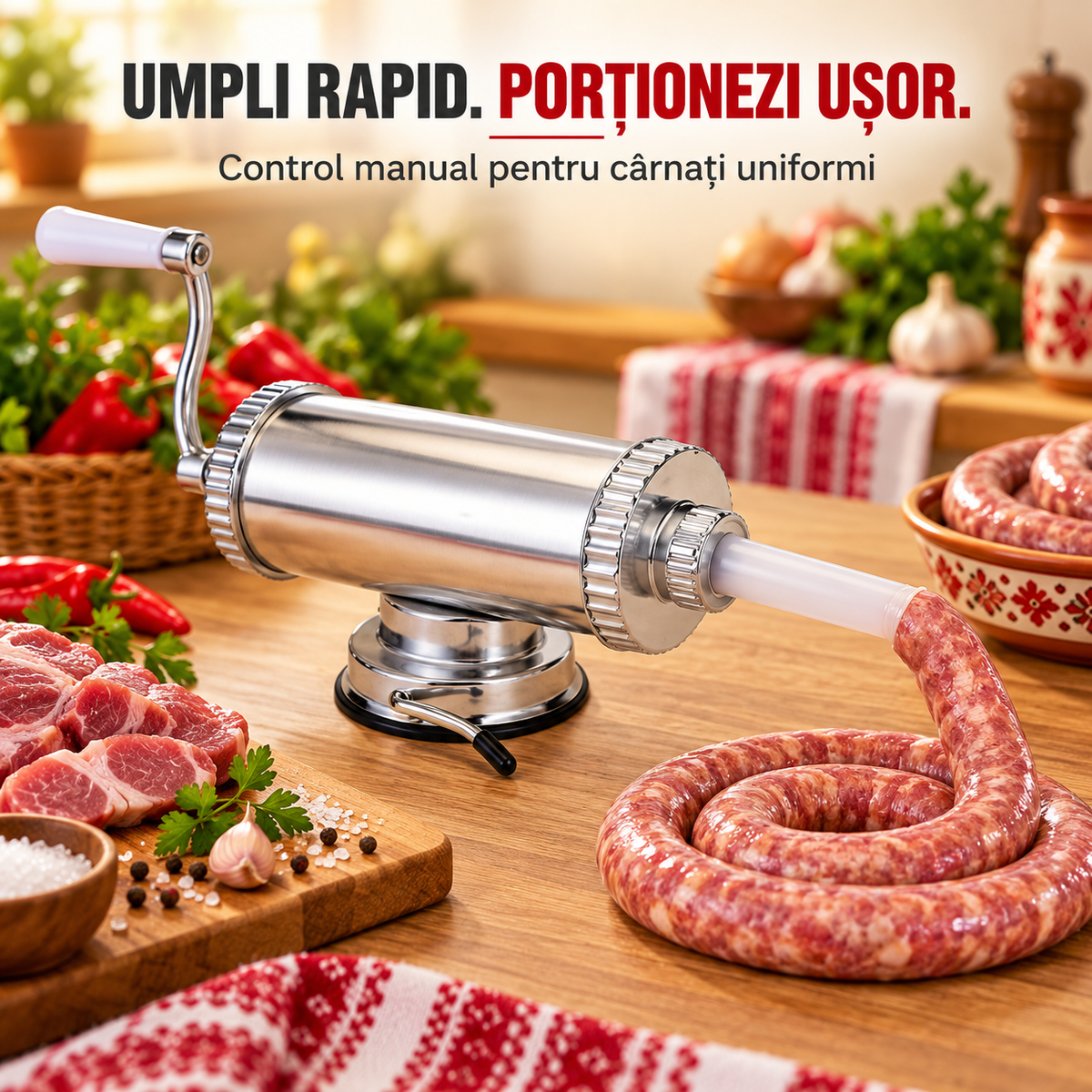 Umplere rapidă și porționare ușoară a cârnaților cu aparatul Vanessa