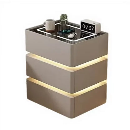 Noptiera smart multifunctionala cu led, incarcare wireless, bluetooth, 3 sertare, design modern, dim 72x50x40, Bej Caramel
