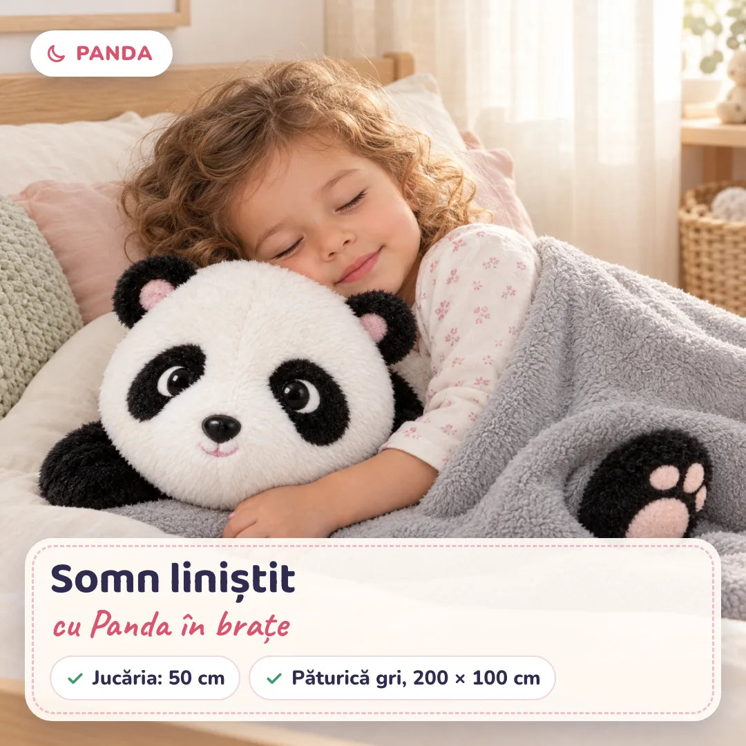Copil adormit cu jucăria Panda și păturica gri