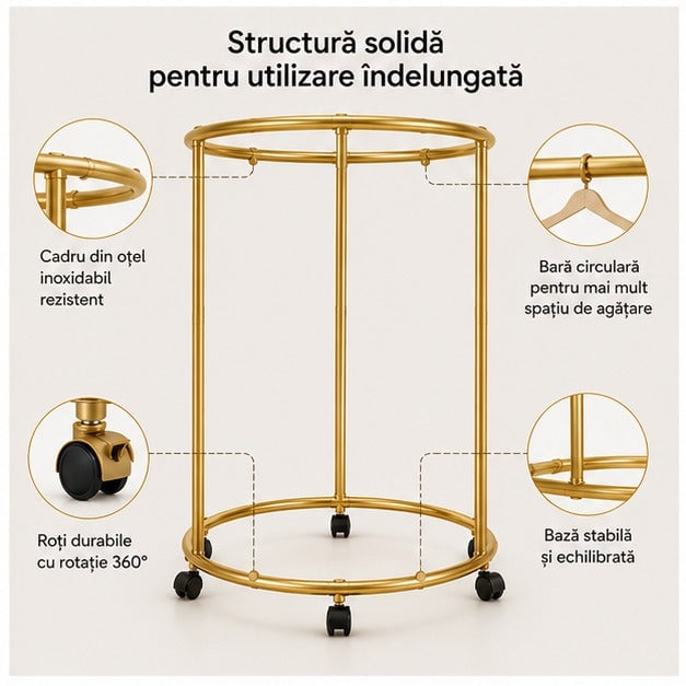 Suport auriu metalic rotativ pentru haine, cu roți, 40 kg