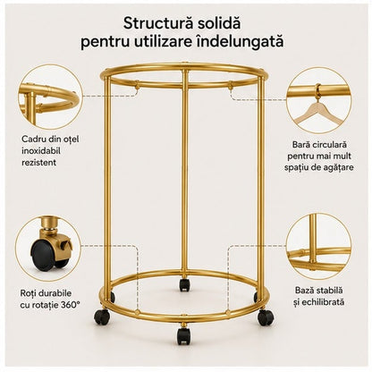Suport auriu metalic rotativ pentru haine, cu roți, 40 kg