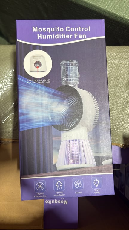 Ventilator cu Umidificare și Lampă Anti-Țânțari 4 în 1 – Răcire, Pulverizare, Iluminare de Noapte și Capturare Insecte