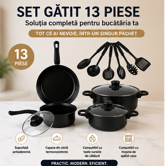 Set Oale și Cratițe 13 Piese, Antiaderent, Capac Sticlă