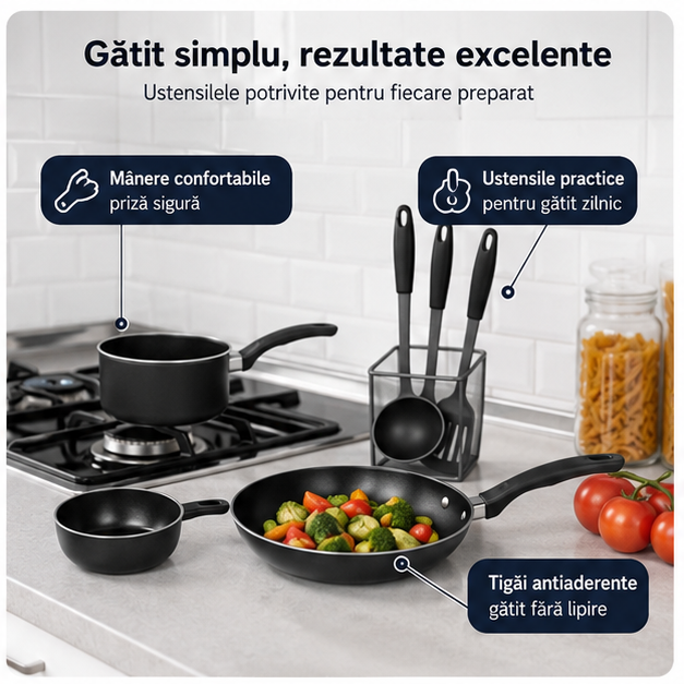 Set Bucatarie 22 Piese cu Oale, Tigai, Wok si Accesorii