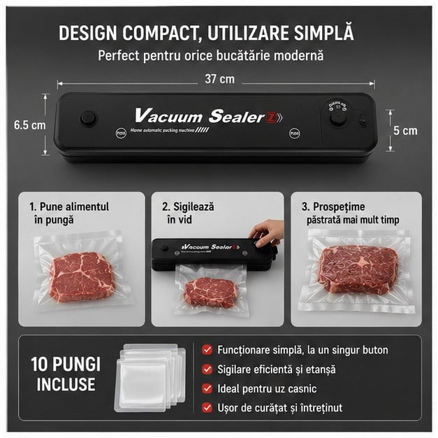 Aparat de Vidat Alimente Compact 90W, Negru + 10 Pungi