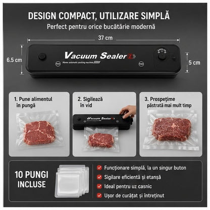 Aparat de Vidat Alimente Compact 90W, Negru + 10 Pungi