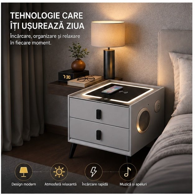 Noptieră smart LED tactil, 2 sertare, încărcare wireless