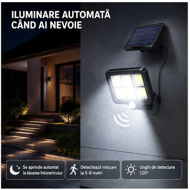 Proiector LED solar cu senzor mișcare, 260LM, panou 5m