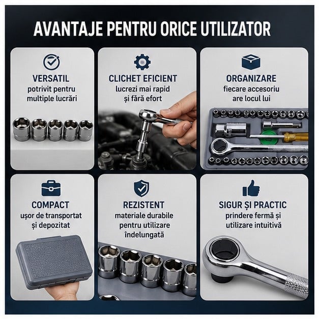 Set Chei Tubulare cu Șurubelniță Clichet, 40 Piese