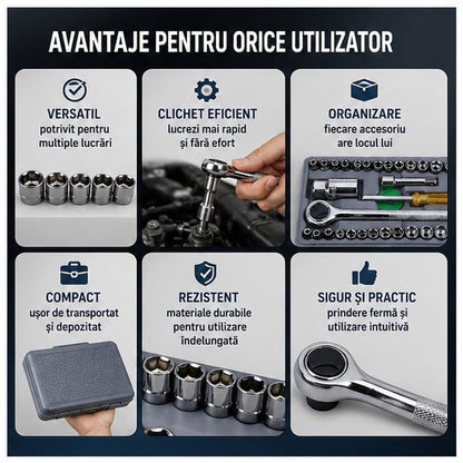 Set Chei Tubulare cu Șurubelniță Clichet, 40 Piese