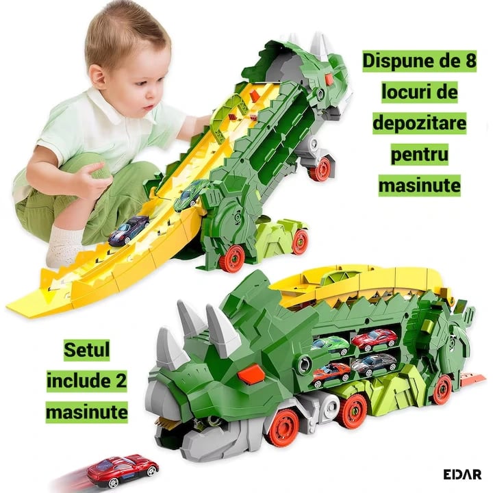 Mașină Dinozaur Triceratops Transformabilă cu Pistă și Mașinuțe – 2 în 1, Lungime Extinsă 63 cm
