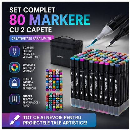 Set 24 Markere Artistice cu 2 Capete, Geantă și Suport